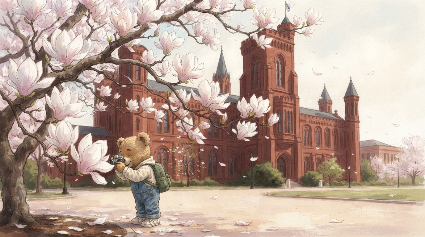 Fred Bear taking pictures of the magnolias outside the castle in DC